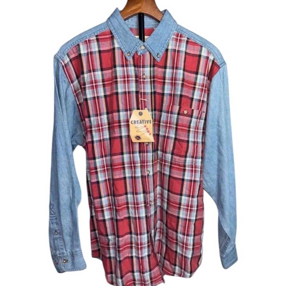 NWT Men's Red and Blue Creative Edge Plaid Soft Flann Denim Colorblock Shirt Med